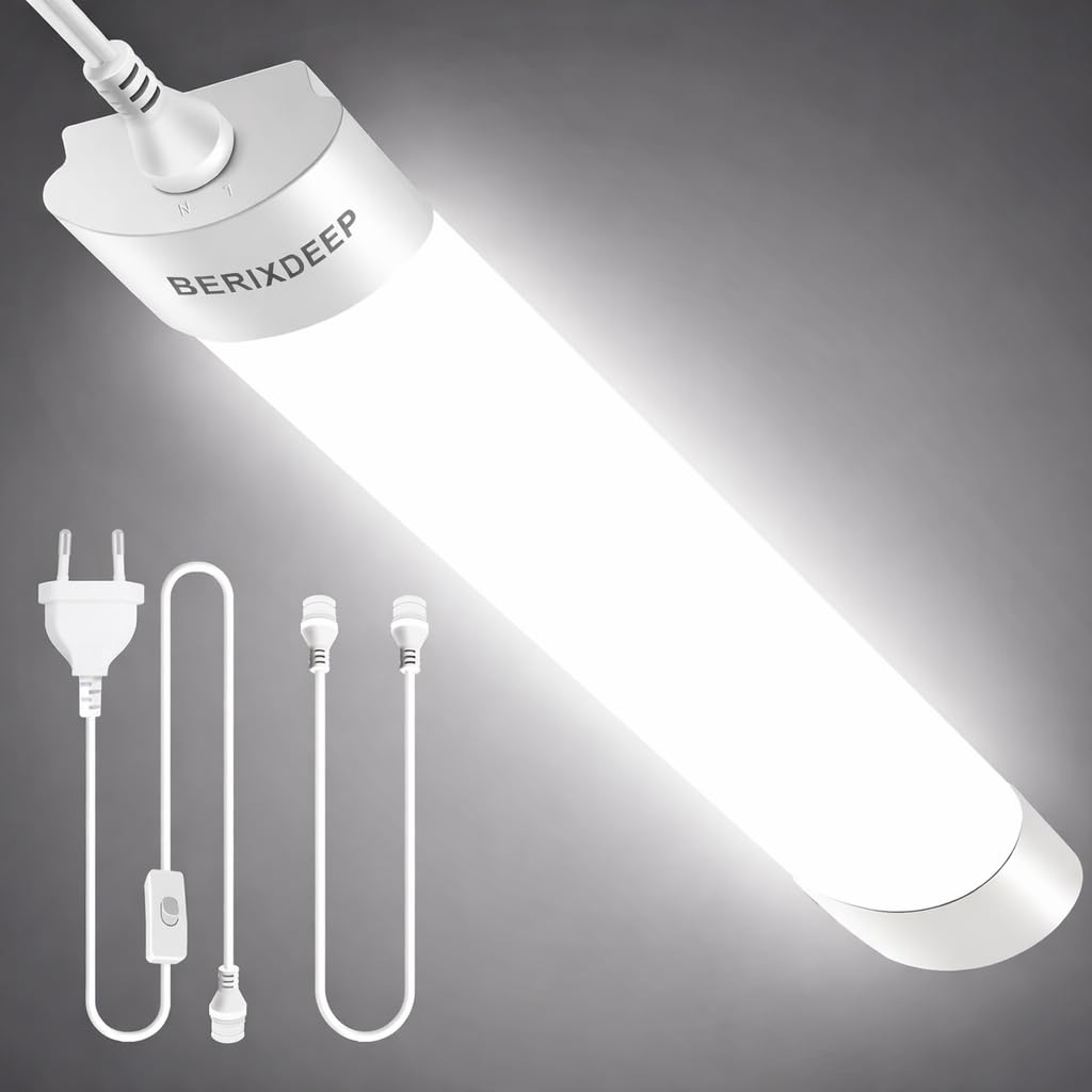 BERIXDEEP CCT Abstimmbar Feuchtraumlampe mit Stecker 40 cm, Wasserdichte Feuchtraumleuchte mit Einstellbarer Farbe für Schränke, Kuchenschranke, Bad, Garderobe und Kleiderschränke, 18W