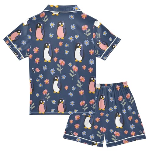 ALAZA Penguin Blossom Floral Pajamas Satin Pajama Set Short Sleeve Button Down Sleepwear2