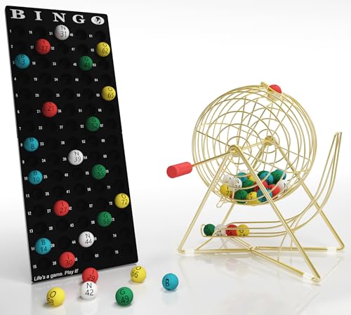 MR CHIPS 11" (Inch) Tall Professional Bingo Set with Steel Cage, Everlasting 7/8” Balls, Master Board for Balls - Luxury Gold Color
