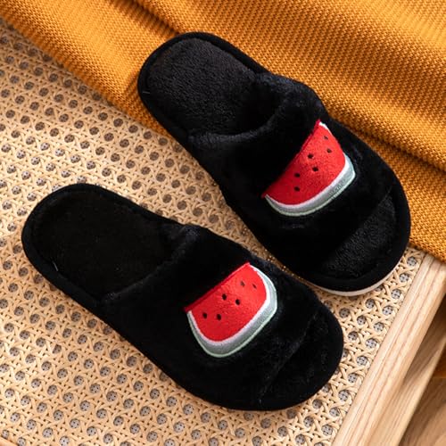 Slippers For Women Indoor,Women's Plush Faux Fur Fuzzy Slide on Open Toe Slipper with Memory Foam Embroidered Strawberry Watermelon Ladies Home Cute Shoes2