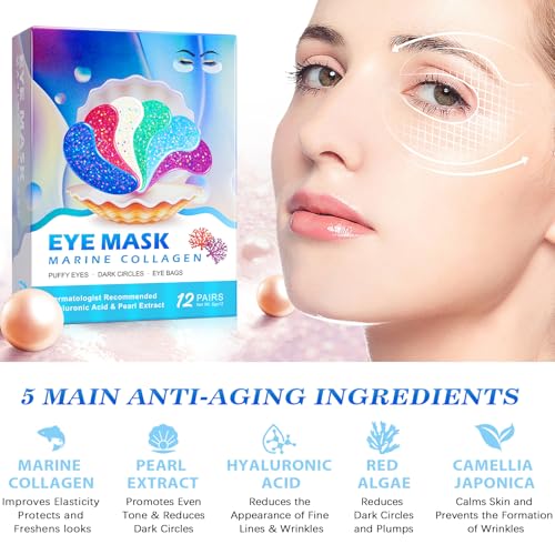 Augenmaske mit Natürlichen Marine -Kollagen & Hyaluronsäure, Eye Pads für Geschwollene Augen, Eye Patches,Anti-Aging Augenpads Gegen Augenringe Entfernen, Reduzieren Falten (12 Paar)