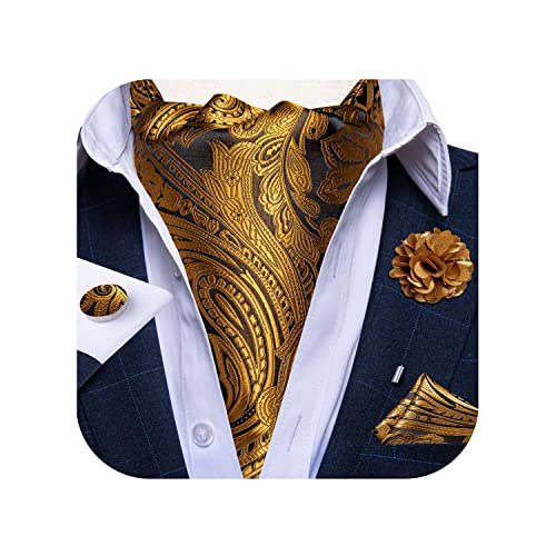 Image of DiBanGu Mens Silk Ascot Ties Paisley Jacquard Woven Cravat and Pocket Square Cufflinks with Lapel Pin for Business Wedding