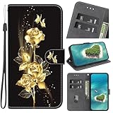 FERLAN Handyhülle Kompatibel mit Honor View 20 Hülle, Leder Schutzhülle Brieftasche Hülle Flip Hülle 3D Muster Cover mit Kartenfach Magnet Tasche Handyhüllen,Goldene Schmetterlingsrose