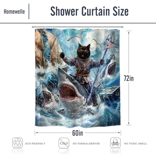 Image of Funny Black Cat Shower Curtain Riding Shark Surfing 60Wx72H Inch Decor