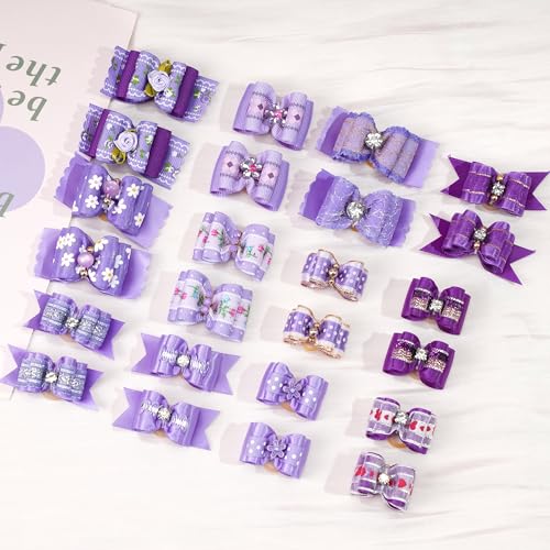 Yxiang 24 x Hundehaarschleifen, niedliche Hundehaarschleifen, Yorkie-Welpen, mit Gummiband, Fellpflegeschleifen, bunt, gepunktet, Hundehaarzubehör für kleine Hunde