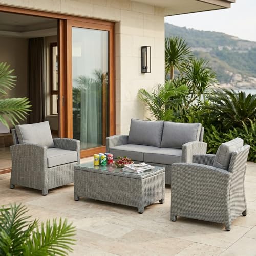 Image of DEVOKO 4PCS Patio Wicker Furniture Set Center Table Silver Grey Rattan Chairs and Grey Cushions Outdoor Furniture for Backyard, Garden, Blacony