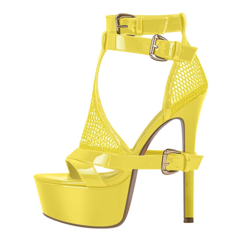 VERISSON Opened Round Toe Stiletto Pump Sandals T-Strap Double Grommets Buckle Strappy Fishnet Material Platform Summer Shoes