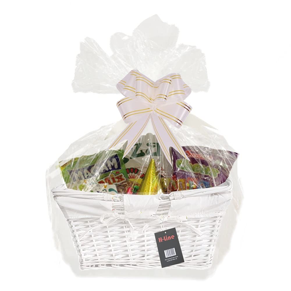 H-LINE Make Your Own Gift Hamper Kit - White Wicker Rectangular Basket With Handles Cellophane Wood Shred Bow Set - Ideal for Christmas Easter Wedding Baby Shower or Birthday Gift (White, Rectangular)