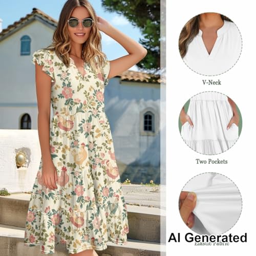 Image of Women's Casual Ruffle Sleeve Dress V Neck Pullover Dress Flowy A-Line Pleated Lightweight Dress with Pockets