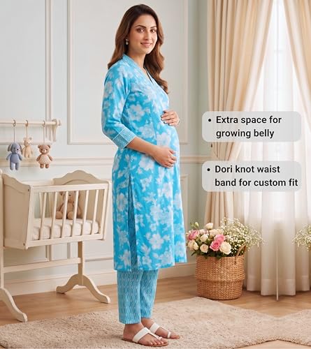Image of DUMMY SHAPE Feeding Kurtis for Women Cotton Blend | Floral Kurta Pant Dupatta Set with Nursing Zippers to Pre & Post Partum | Maternity Dresses | Mom to Be Gifts for Pregnant Woman