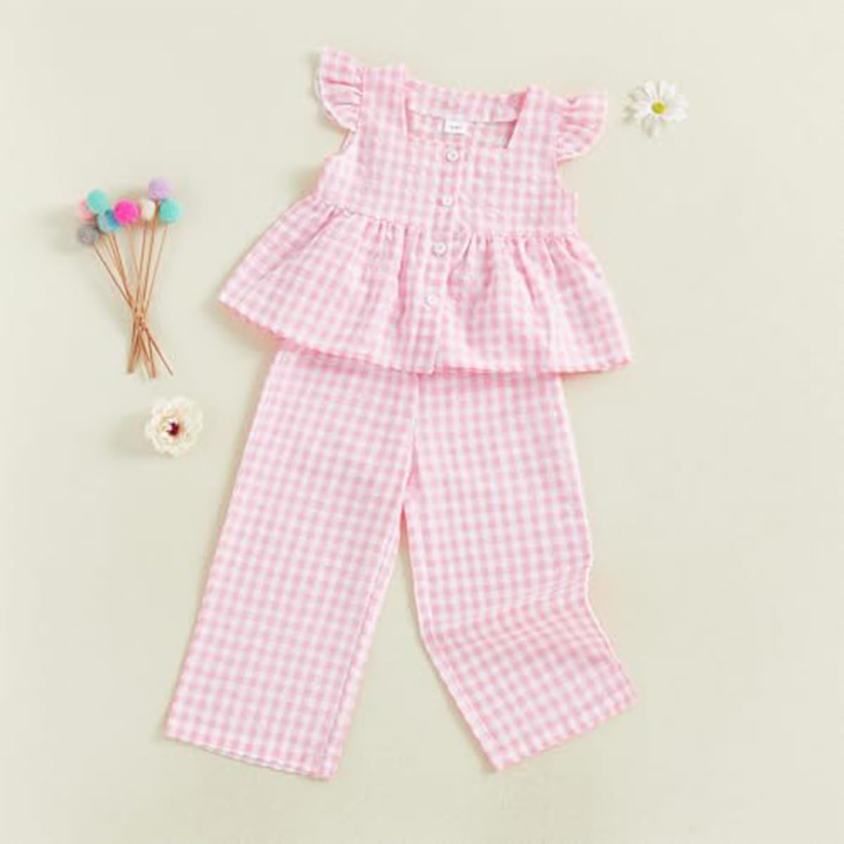 Conjunto Verano para Niñas Pequeñas Color Liso/Cuadros Sin Mangas Con Volantes Camisetas y Pantalones Anchos de Lino Ropa Infantil de Primavera - 2