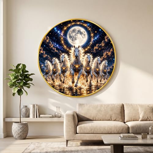 Image of SAF 7 Horse Moon Round Wall Painting with Premium PVC Golden Frame, White Running Horses Night Sky Vastu Art for Living Room Office Home Decor Gift (23 x 23 Inch) GR-443
