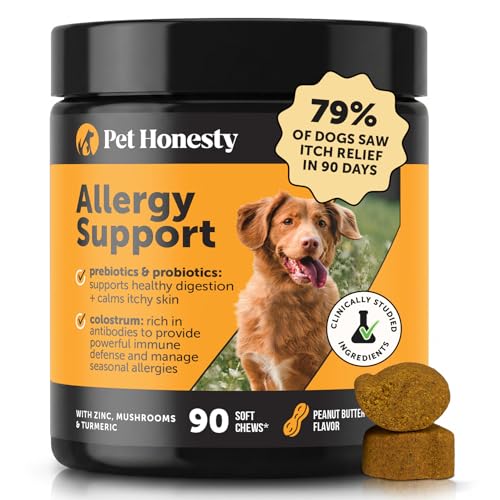 Dog Allergy Relief Immunity Chews - Paw Licking, Itching & Seasonal Allergies - With Colostrum, Probiotics, Turmeric & Salmon Oil - Vet Recommended Anti-Itch Supplement for Dogs (Peanut Butter, 90 Ct)