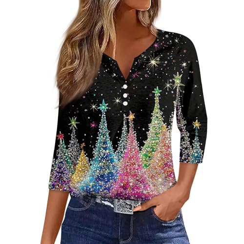 Image of Women Christmas Shirt 3 /4 Length Sleeve Henley Tops Xmas Outfits