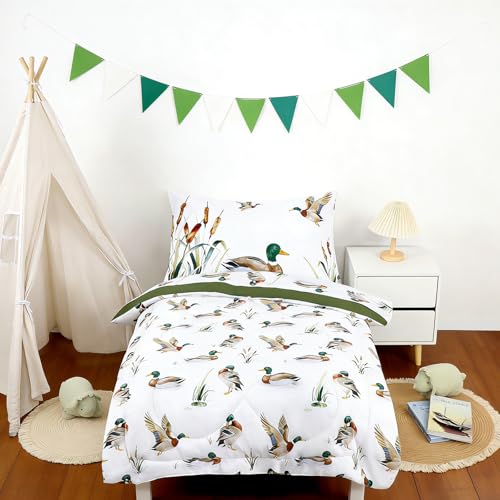 Image of Mallard Duck Toddler Bedding Set for Boys, 4 Pieces Soft Microfiber Green Toddler Comforter Set for 28 inch x 52 inch Toddler Mattress & Crib, Includes Comforter, Flat Sheet, Fitted Sheet, Pillowcase