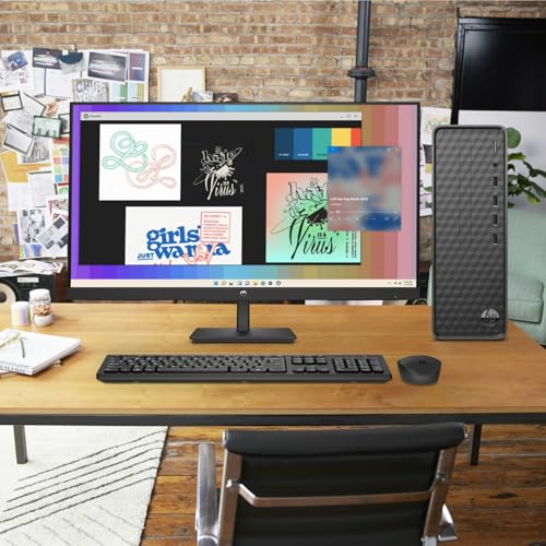 Image of HP 27-inch Monitor, Slim Desktop Bundle, Intel Core i3-12100, 8GB RAM, 512GB SSD, Windows 11, Wireless Keyboard and Mouse, Full HD Display, Home and Office PC Setup