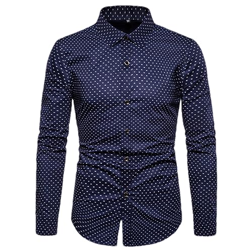 Chemise décontractée à manches longues pour homme, coupe ajustée, motif à pois, revers, bleu foncé, XL