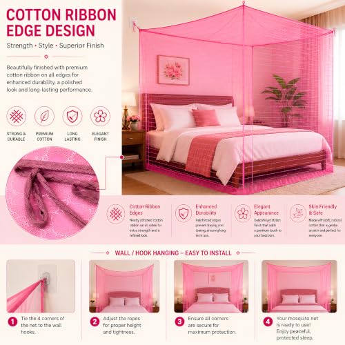 Image of Mosquito Net for King Size Bed & Double Bed (6x7 ft, Wall /Hook Hanging) Poly-Cotton Blend Fabric, Wave Line Pattern, Pre-Fitted Bottom & Cotton Ribbon (Pink)