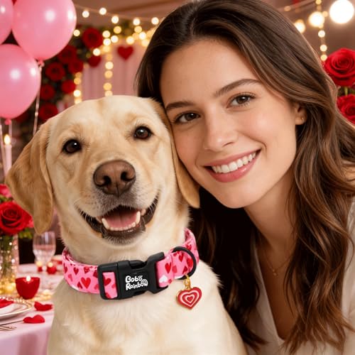 Image of Dog Collars, Valentine's Pink Cute Love Heart Print Pet Collar Durable Adjustable Plastic Pendant Dog Collar for Medium Dogs