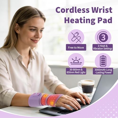 Image of Cordless Wrist Hand Heating Pad Massage for Pain Relief, Rechargeable Heated Wrist Brace for Carpal Tunnel, Red Light Therapy Heated Wrist Massager Wrap for Arthritis, Purple
