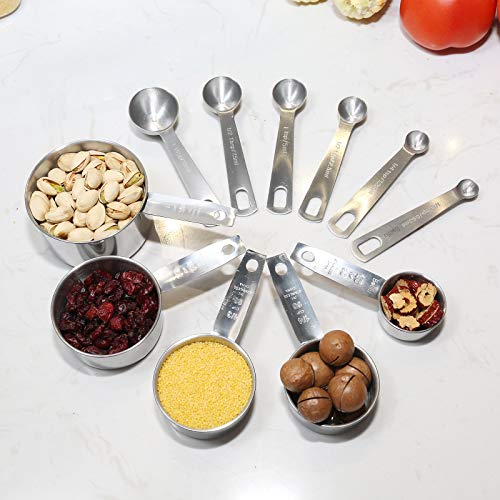Belifu Stainless Steel Measuring Spoons and Measuring Cups Combo, Set of 11, Upgraded Thickness Handle for Dry Liquid Ingredients Cooking Baking