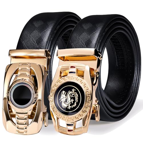 Image of Barry.Wang Mens Ratchet Belt 2 Pack Buckle Gift Set Dress Belts Leather Slide Strap Automatic 1 3 /8 inch Wedding Business