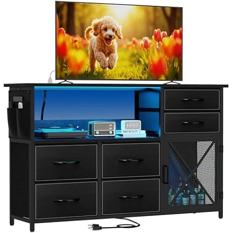 SZLHANJZ Dresser for Bedroom with LED Lights, TV Stand with Charging Station for 50 inch TV, 6 Drawers Chest with Door and Side Storage, Wide Metal Dresser Table for Living Room, Black Cover