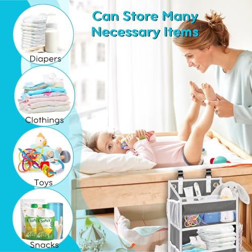Hanging Diaper Organizer for Changing Table, Cribs, Car, Playard or Wall & Nursery Organization - Durable 2-Tier Diaper Caddy with Mesh Pockets and Viewable Design, Won\'t Deform, Crib Accessories