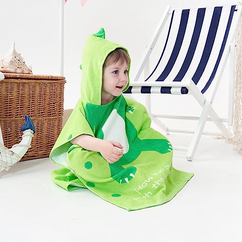 Image of LOLANTA Kids Boys Girls Bath Towels Hooded Dinosaur, Terry Cloth Cover ups Children's Beach Towel Pool Swim Poncho Cotton(Green#A-new,1-3T)