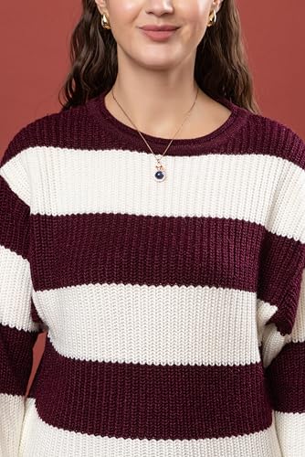 Image of Wear lusso Women's 100% Wool Color Block Stripe Full Sleeve Round Neck Pullover Sweater | Winter Season Fashion