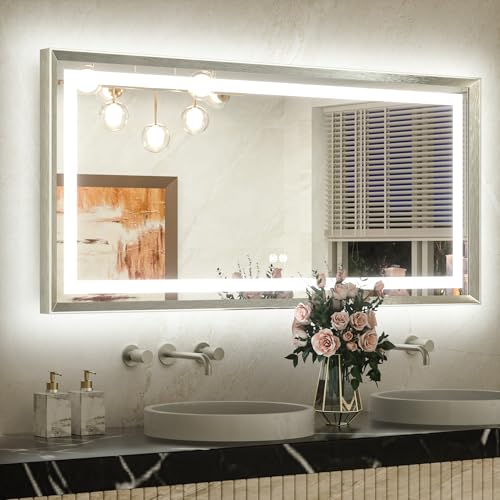 TETOTE 48 x 24 Bathroom LED Mirror Brushed Bright Nickel Metal Frame Frontlit & Backlit Vanity Mirror Stepless Dimmable Anti-Fog 3 Colors White/Warm/Natural Light up Vanity Mirror Wall-Mounted