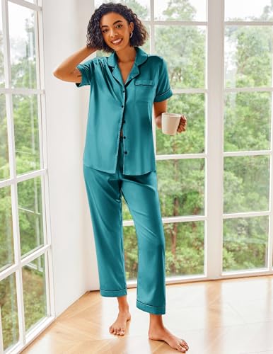 Image of Ekouaer 2 Piece Satin Short Sleeve Pajamas Set Button Down Sleepwear | Soft Pjs Set Classic Loungewear for Wedding, Party, Home, Daily Wear, Date Nights