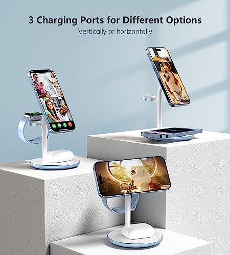 Image of XooFly 3 in 1 Magnetic Wireless Charging Station for Apple Devices,15W | Fast Charging Phone Charger Stand for Magsafe-enabled iPhone 17 16 15 14 13 12 Series, Apple Watch Ultra Airpod Pro, Blue