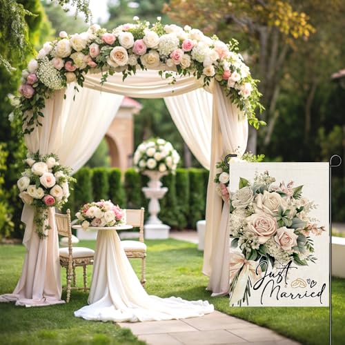 Drapeau de jardin Just Married double face pour décoration extérieure de cour