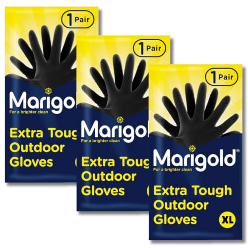 Image of Marigold 3 Pairs of Extra Tough Outdoor Gloves | Roll-Top Cuffs Natural Rubber Latex Textured Grip Gloves with Cotton Lining for Gardening & Outdoor Cleaning | (Extra Large) - Black