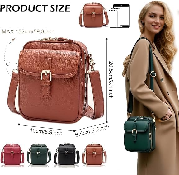 Crossbody Leather Bag,Double Layer Large Capacity Messenger Bag,Faux Leather Built in Purse Anti Theft Bag, Adjustable Strap2