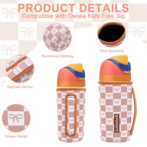 Image of Water Bottle Sleeve with Handle for Owala Kids FreeSip 16oz, Water Bottle Scratch Resistant Sleeve, Neoprene Cover Compatible with Owala 16 oz for Boys Girls School Travel (Mocha Checkerboard&Bow)