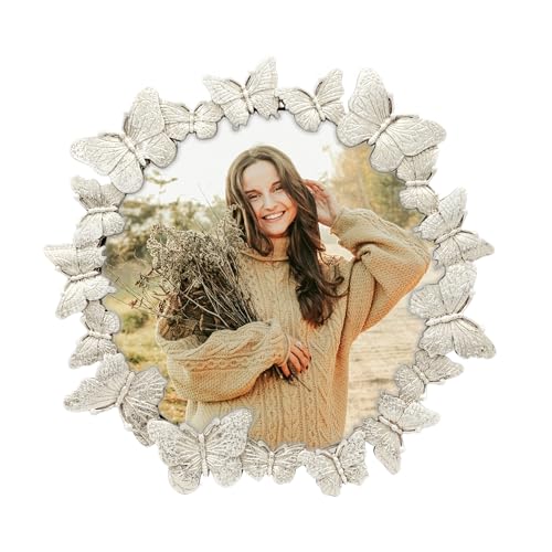 GIFTY GIFTY Marco de fotos circular de mariposa plateada de 4 x 4 pulgadas, para exhibición vertical en mesas, perfecto para decoración del hogar, boda, vacaciones, graduación o cualquier foto de hito