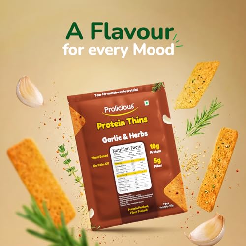 Image of Prolicious Healthy Protein Thin Chips |10g Protein & 5g Fibre Per Pack Per Pack Per Pack | Vegan Snacks |No Maida |No Palm Oil| 50g - Pack of 4| Desi Masala