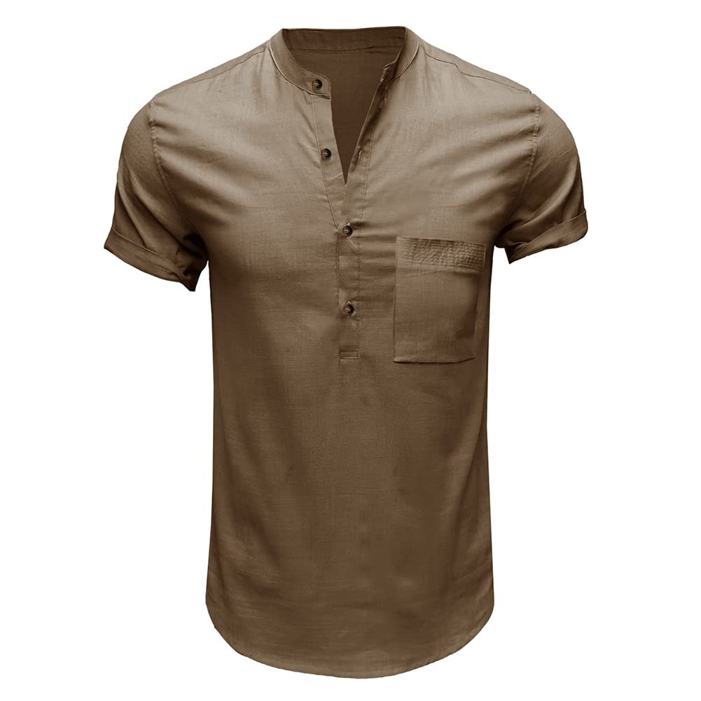 Men's Cotton Linen Henley Shirt Short Sleeve Casual Summer Beach T Shirts Hippie Blouse Tee Tops
