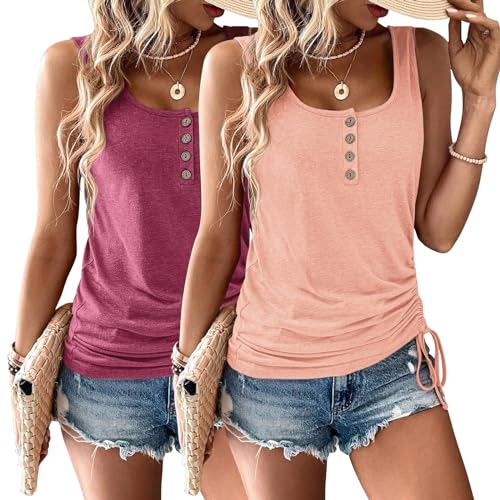 Image of Womens Tank Tops, 2 Pack Summer Tank Tops for Women 2026, Sleeveless U Neck Loose Button Casual Henley Tops Shirts