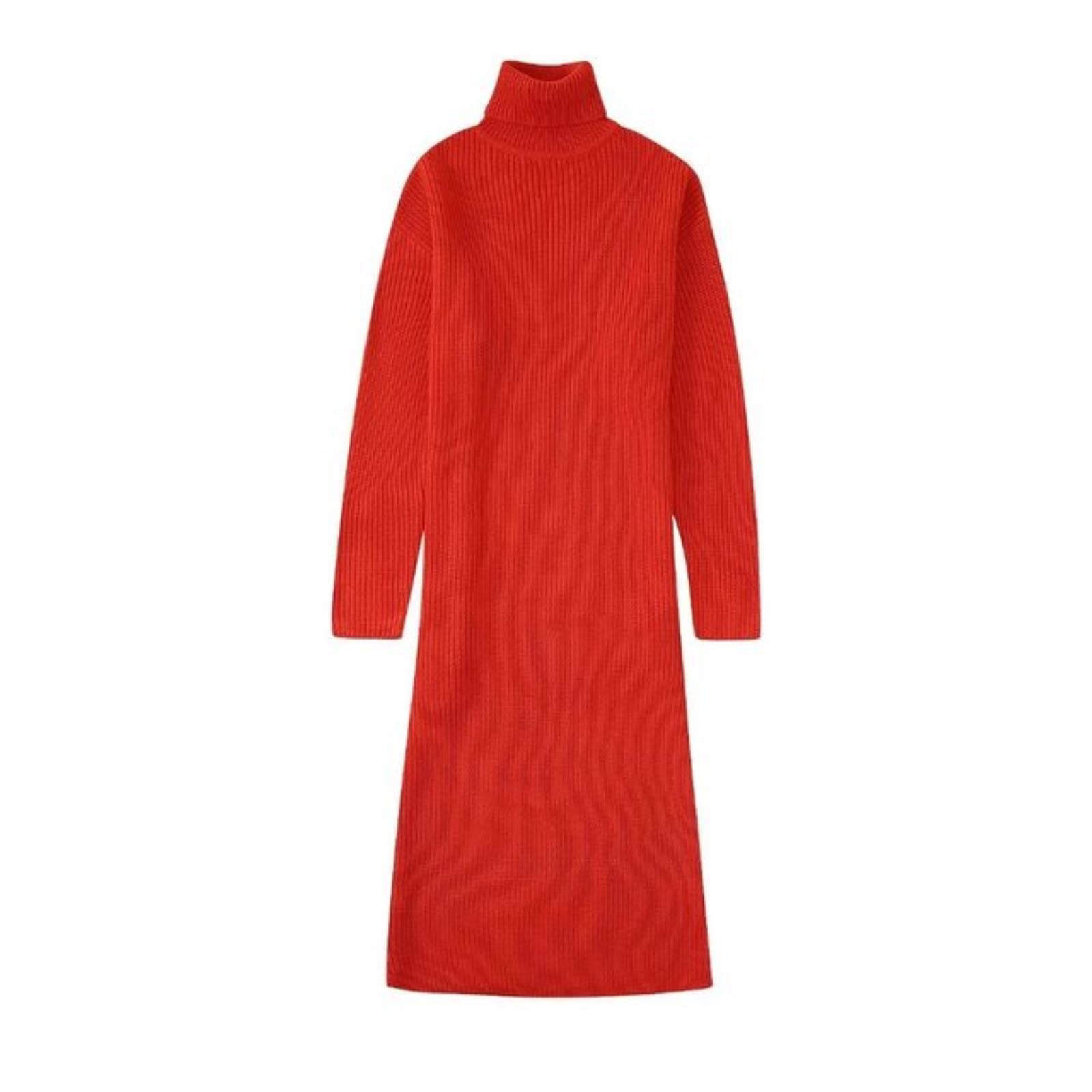 Vestido largo de punto rojo Cuello alto Vestidos de mujer Chic Lady Mangas largas Nuevas Mujeres Otoño Invierno Ropa