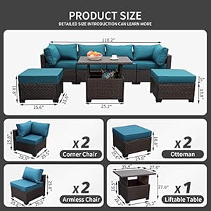 Outdoor patio dark brown rattan 7 piece sectional set pe wicker conversation sofa with liftable storage table non slip 5 thick peacock blue cushion and furniture cover  urban country home decor