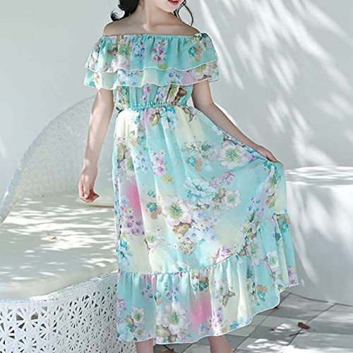Qvkarw Vestido de chiffon para meninas, estilo estrangeiro, comprimento médio, para praia, com ombro