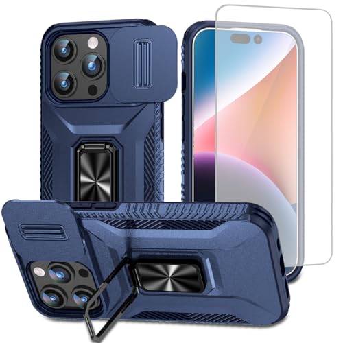 Coque iPhone 15 Pro Max avec protection écran verre et support magnétique bleu