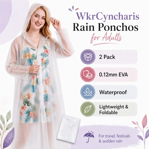 Image of Rain Ponchos for Adults Reusable (2 Pack), Waterproof EVA Raincoats with Hood & Drawstring for Women & Men
