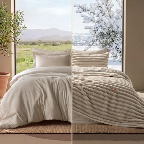 Image of Bedsure Gentlesoft 2-in-1 Queen Comforter Set and Detachable Fluffy Blanket, Beige Bedding Set for All Season Use, Detachable Design for Space Saving (Includes 2 Pillow Shams, 2 Pillowcases)