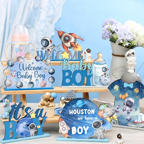 Image of Realspring 6 Pcs Space Baby Shower Wooden Table Decorations for Boy Themed Planet Astronaut Space Party Centerpieces Sign Home Decoration for It's a Boy Baby Shower Birthday Party Supplies