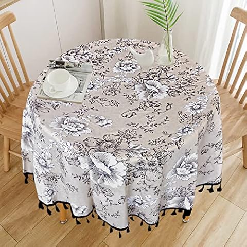 DINGC Round Tablecloth Floral Print Cotton Linen, Round Table Cloth Tassel Washable, Round Tablecloth Decorate Wipe Clean used of Dining Table, Living Room, Picnic 150cm/59in (Beige), Black Tassel Cover