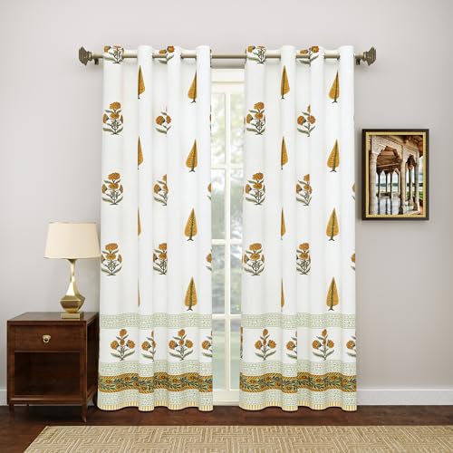 Image of BLOCKS OF INDIA Hand Block Printed Cotton Daylight Curtains with Eyelets | Mustard Green Paisley, Door- 7 Feet (Pack of 2)